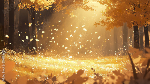 Golden autumn forest with soft breeze lifting delicate leaves in warm sunlight