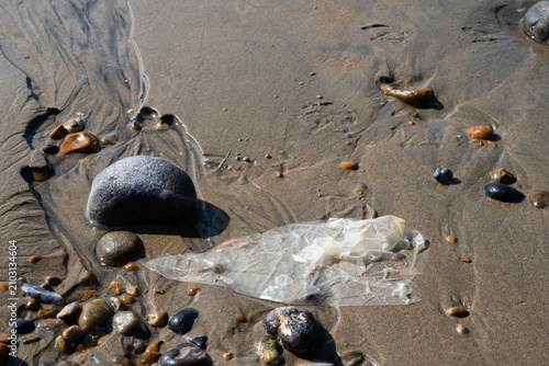 Obraz na płótnie Wet wipe washed ashore on beach highlighting marine litter
