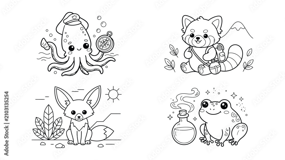 Obraz premium Cute cartoon animals holding magical and mystical items with transparent background