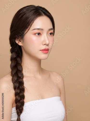 young woman with long dark braided hairstyle, natural makeup, wearing a white strapless tube top, looking sideways, with a calm expression, isolated on a beige seamless studio background