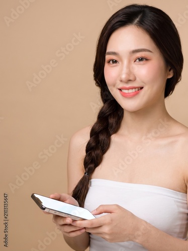 young woman with long dark braided hairstyle, natural makeup, wearing a white strapless tube top, holding a blank smartphone, with a happy smile, isolated on a beige seamless studio background