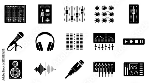 Tableau sur toile Creative Black and White Audio Equipment and Music Production Icons Set for Desi