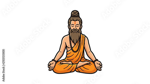 Bearded sage meditating in lotus pose wearing orange robes