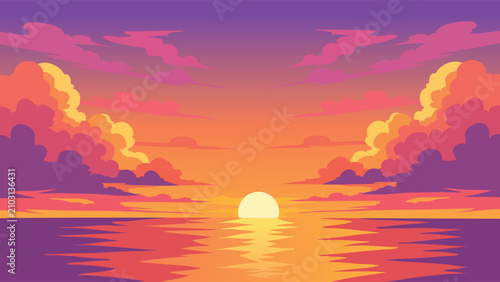 Canvas Print Dramatic Tropical Ocean Sunset Flat Vector Landscape Banner With Pink Clouds And
