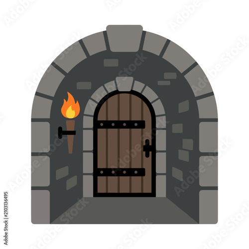 Medieval stone archway with wooden door and torch
