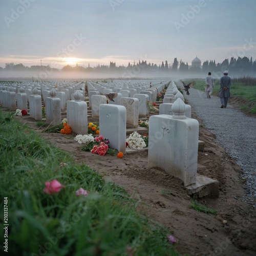 Peaceful Islamic Cemetery at Sunrise with Flowers and Morning Mist, Respectful Spiritual Landscape