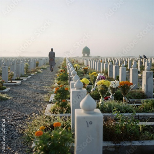 Peaceful Islamic Cemetery at Sunrise with Flowers and Morning Mist, Respectful Spiritual Landscape