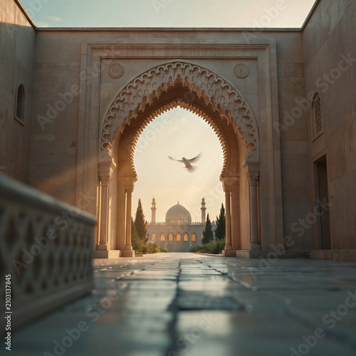 Beautiful Islamic Archway Leading to a Glowing Mosque with Golden Light Rays – Cinematic Islamic Background