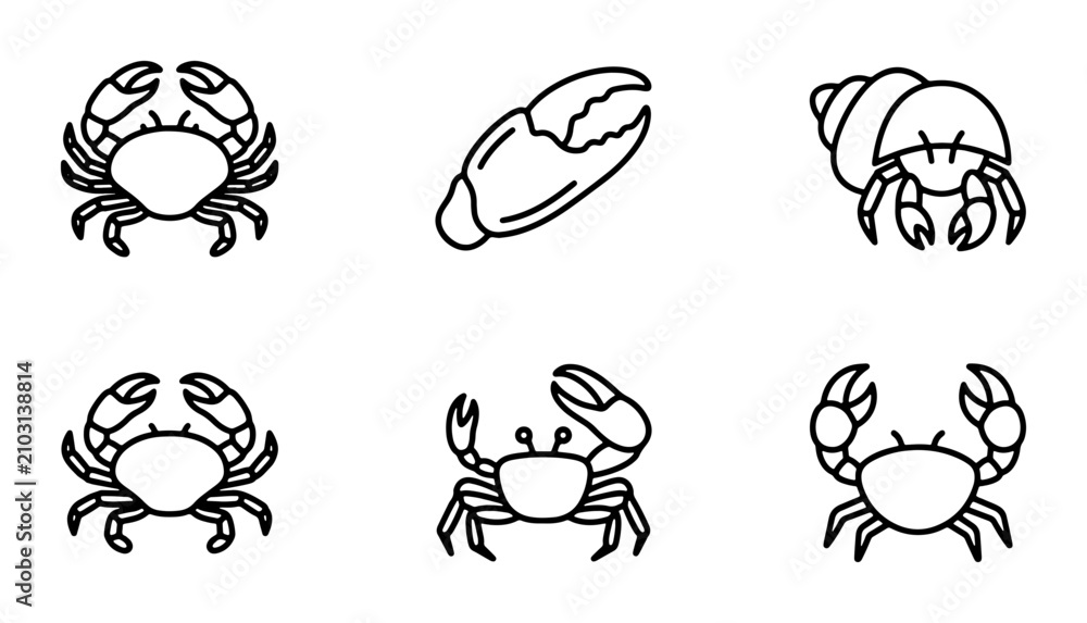 Fototapeta premium Crab Icons Set, Seafood Vector Graphics, Marine Life Illustrations, Ocean Crustaceans Collection
