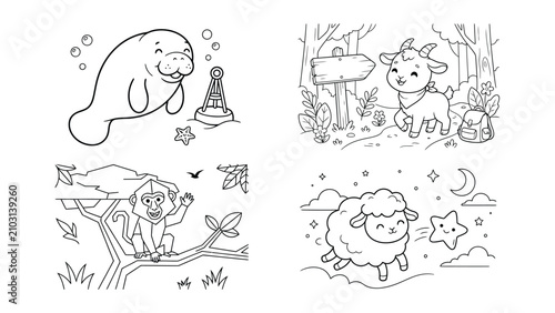 Photography Cute cartoon animals in simple line art transparent background illustrations