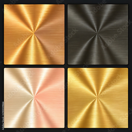 Vector set of different foil metallic gradation texture in frame. 3d realistic style design of yellow gold, rose gold, silver and bronze color shiny metal gradient. Background set. Metal effect