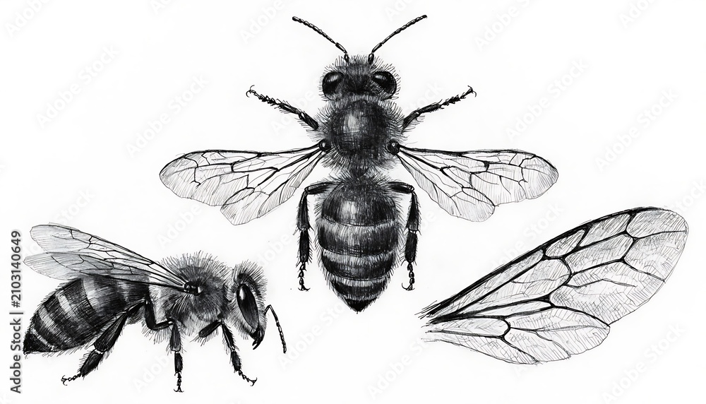 Obraz premium Black and yellow bee illustration with wings detail
