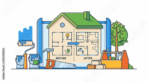Before and after house renovation with tools and painting supplies