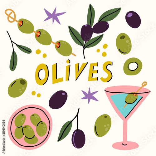 Playful Hand Drawn Olive Collection with Martini and Stuffed Olives
