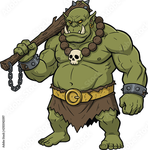 Fantasy orc warrior with club and skull necklace creature muscular