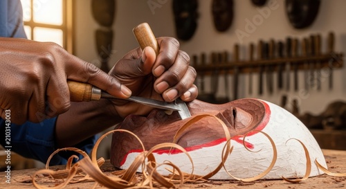 Crafting wooden mask with skilled hands carving details into mask, shavings falling on table. Artistic creation process showcases tradition and craftsmanship in mask making.