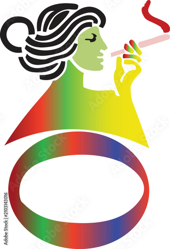 a woman smoking a cigarette or joint, stylized with a vibrant rainbow gradient and an oval frame.