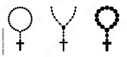 Photos Rosary prayer beads icon set in black glyph style with cross pendant