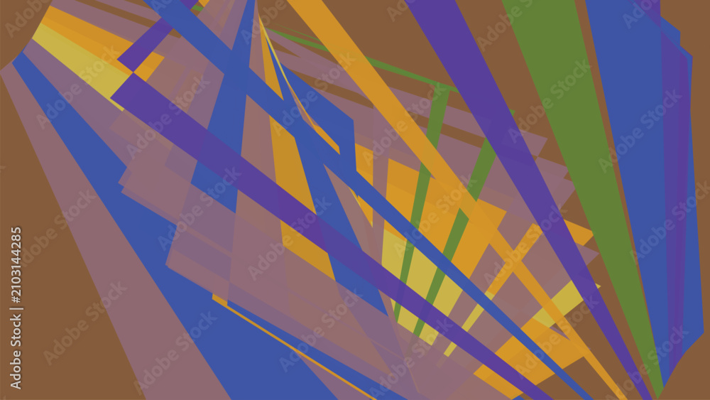 Fototapeta premium Abstract geometric composition featuring vibrant blue and orange translucent intersecting rectangular stripes over solid brown background space.