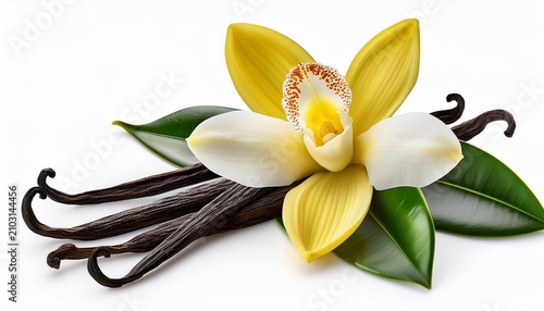 Vanilla Flower With Pods And Leaves Isolated On Transparent Background Generative Ai