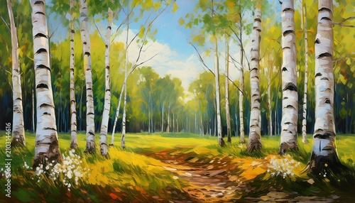 Oil Painting Of Birch Forest In Spring Season Art Backgrounds