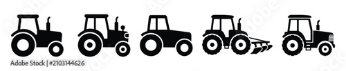 Farm tractor icon set in black glyph style with plow attachment variants. Perfect for agriculture and farming equipment designs.