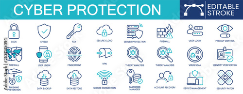 Set of 24 outline icons related to cyber protection. Containing firewall, secure cloud, threat analysis, password manager, data backup and more. Linear icon collection. Editable stroke. Vector 