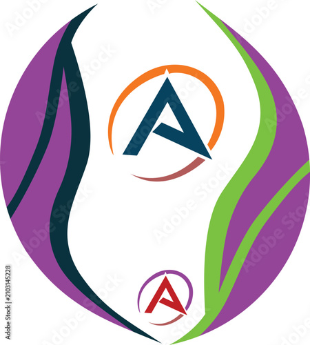 Abstract circular logo design featuring the letter A with organic wavy shapes, colorful corporate brand identity icon vector