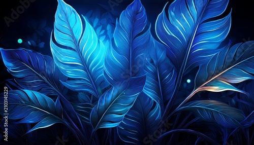 Vivid Portrayal Of Terrestrial Plant Leaves Glowing Bright Electric Blue In A Dark Jungle Inspired Display