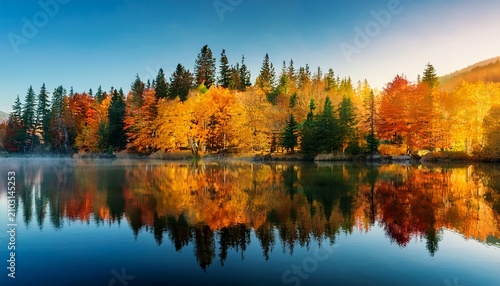 Colorful Autumn Forest Reflecting On Calm Lake At Sunrise