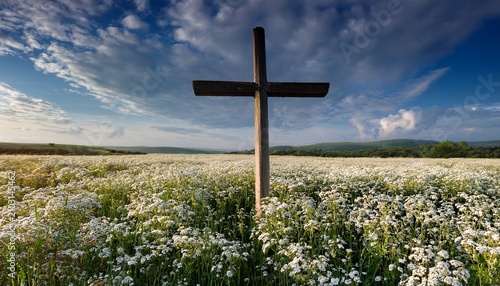 A Single Cross In A Beautiful Meadow Of White Wildflowers