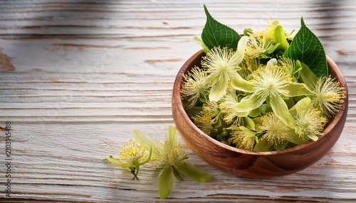 Linden Flowers In Wooden Bowl On Light Wood