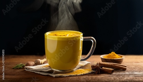 A Steaming Mug Of A Golden Turmeric Latte On A Wooden Table