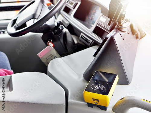 Fotografía Contactless Fare Payment Terminal in Public Transport Driver Cabin