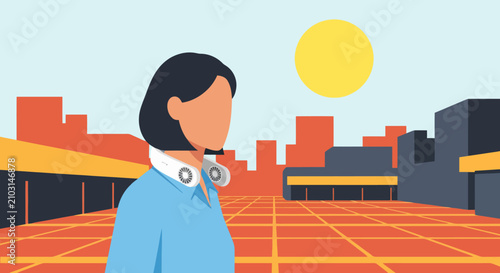 Woman uses portable neck fan for cooling in a hot urban cityscape illustration