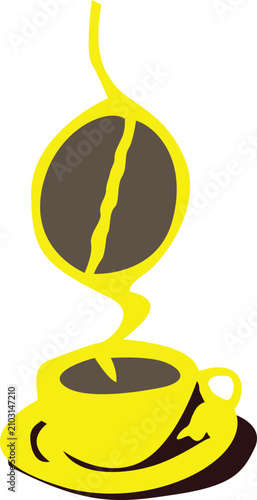 Yellow coffee cup and saucer with steam forming a stylized coffee bean, isolated vector illustration logo concept