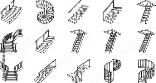 Staircase and Ladder Outline Icons Set with Spiral Stairs, Straight Stairs and Attic Ladder Vector Illustration