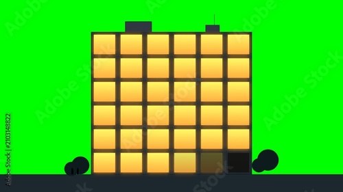 Flat illustration of a city building with glowing windows on a green screen background