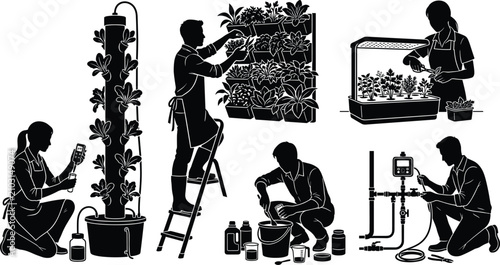 Fotografía Silhouette collection of people working with hydroponic gardening systems, nutri