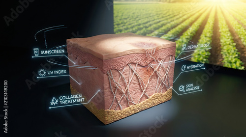 Human facial skin cross section skincare dermatology hydration sunscreen uv index collagen skin analysis epidermis dermis, 3d medical illustration showing skin layers and collagen fibers