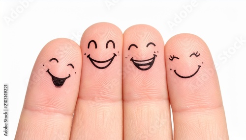 A delightful close-up capturing four human fingers, each uniquely adorned with a cute, hand-drawn smiling face, profoundly symbolizing the pure joy and unbreakable bond of a best friend