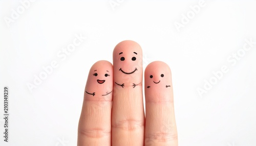 A heartwarming close-up shot capturing three human fingers adorned with cute hand-drawn smiling faces, symbolizing the unbreakable bond of a best friend group and shared happiness