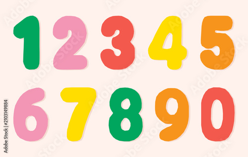 Colorful hand cut paper numbers from zero to nine with playful organic shapes and shadow effect. Bright alphabet style numeral set perfect for educational materials, kids designs, posters, stickers.