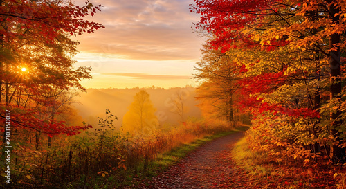 Serene Autumn Sunrise: Misty Forest Path with Vibrant Red & Orange Foliage - Scenic Nature