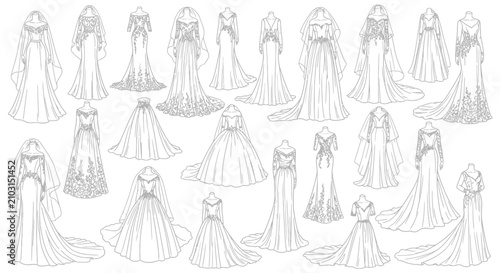 Obraz na płótnie Variety of wedding dresses illustrated.