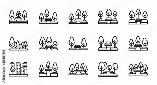 Collection of park and urban green space line icons for city planning