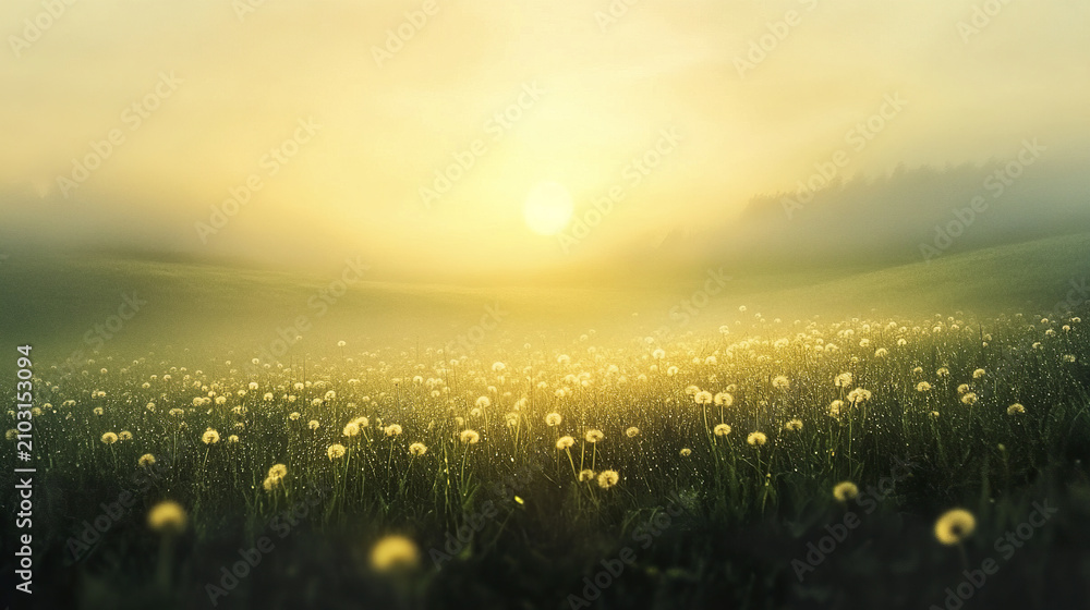 Obraz premium Soft morning mist over dandelion field glowing with golden sunlight in peaceful landscape