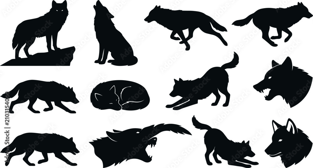 Naklejka premium Wolf Silhouette Icon Set with Howling Running Stalking Roaring Sleeping and Aggressive Wild Predator Animal Emblems for Logo and Graphic Designs