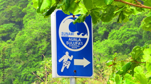 Close-up tsunami evacuation route sign in tropical jungle, Samoa