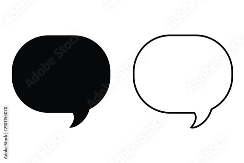 Set of two speech bubble icons, solid black and outlined style, simple rounded rectangular chat balloons for messaging, communication, social media, and ui design elements